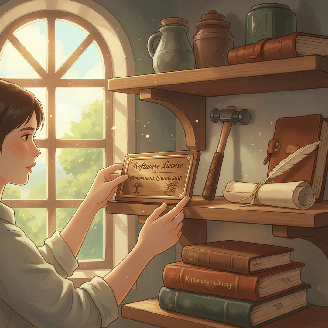 Studio Ghibli aesthetic, illustrating 'Software should be owned, not rented'. A scene set in a bright, organized, traditional workshop filled with natural light. A pair of hands (representing the user) is carefully placing a single, beautifully designed, thick software license card onto a sturdy wooden shelf alongside other reliable, physical tools (like a well-loved hammer or blueprint). Warm earth tones, inviting and secure atmosphere.