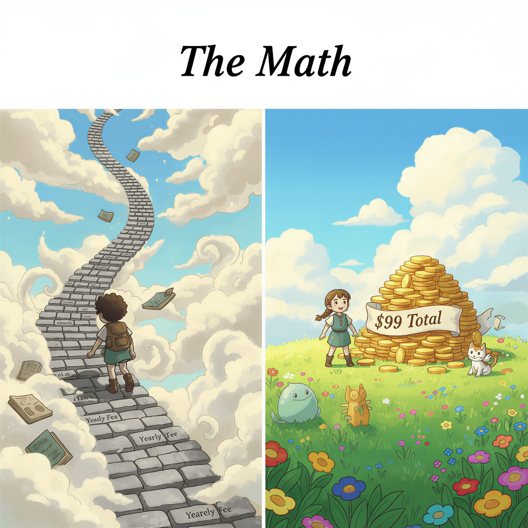 Studio Ghibli aesthetic, visualizing 'The Math'. Two small, diverse figures are shown. One figure is climbing a winding, seemingly endless path made of small, identical steps labeled 'Yearly Fee'. The other figure has already reached a sunlit plateau where a large, stable pile of coins sits, labeled '$99 Total'. Use clear blue skies and warm, optimistic sunlight for the plateau, contrasting slightly with the shadow on the winding path. Focus on the stark visual difference in effort and outcome.