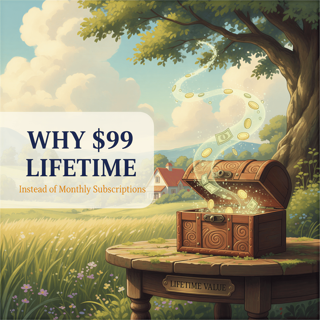 Studio Ghibli inspired illustration showing a single, cherished wooden box labeled '$99 Once' next to a pile of rapidly dwindling coins representing monthly fees.