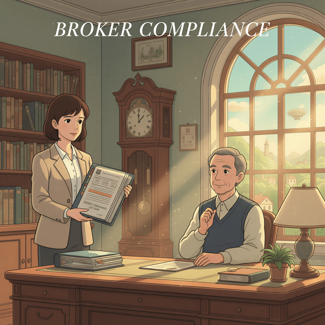 A Ghibli-style scene showing an agent easily presenting a perfectly organized paper file during a compliance review with a pleased broker.