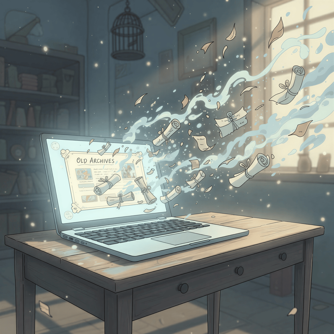 A digital representation of an email screen where documents are dissolving into thin air, illustrating poor archiving.