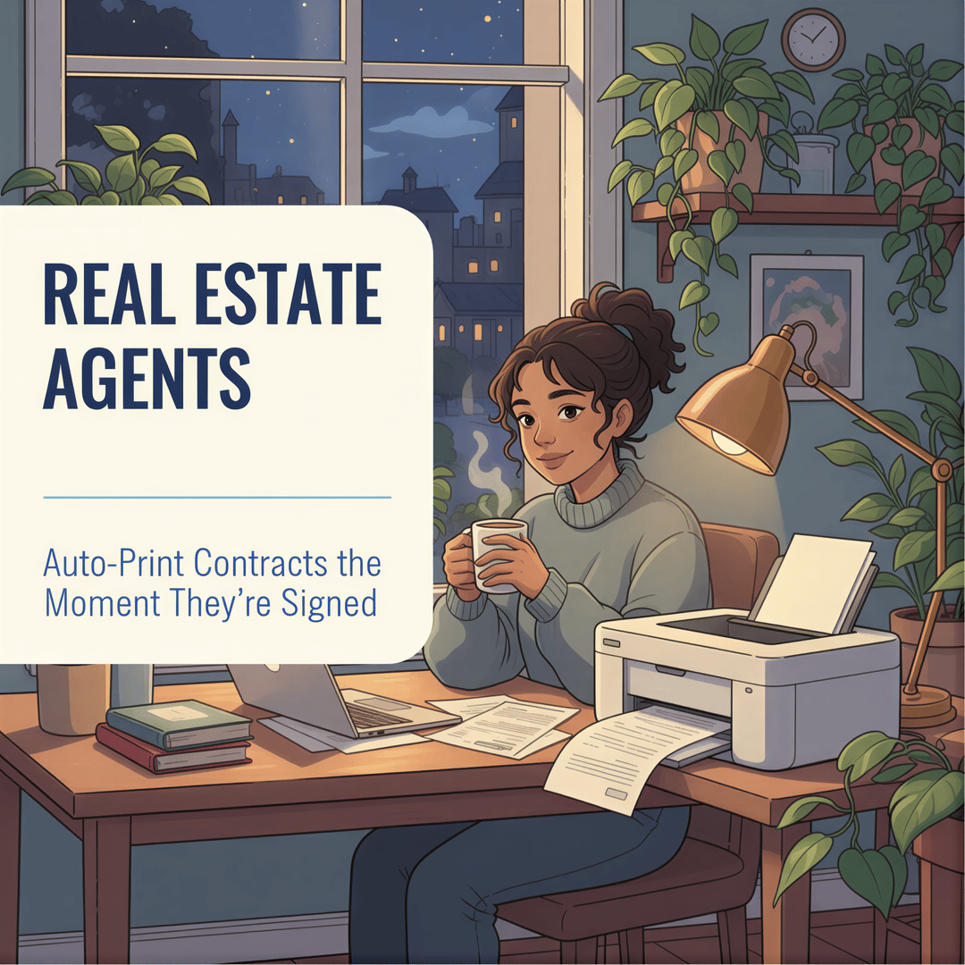 Studio Ghibli style banner showing a cozy home office at night where a printer is happily spitting out a signed contract while an agent smiles, featuring the text overlay.