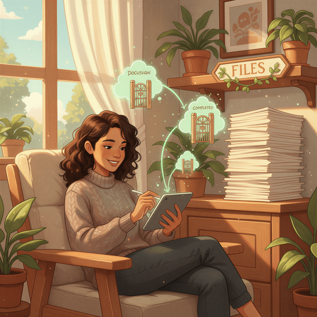 A friendly agent setting up clear digital filters on a screen leading directly to a neatly organized stack of printed documents.