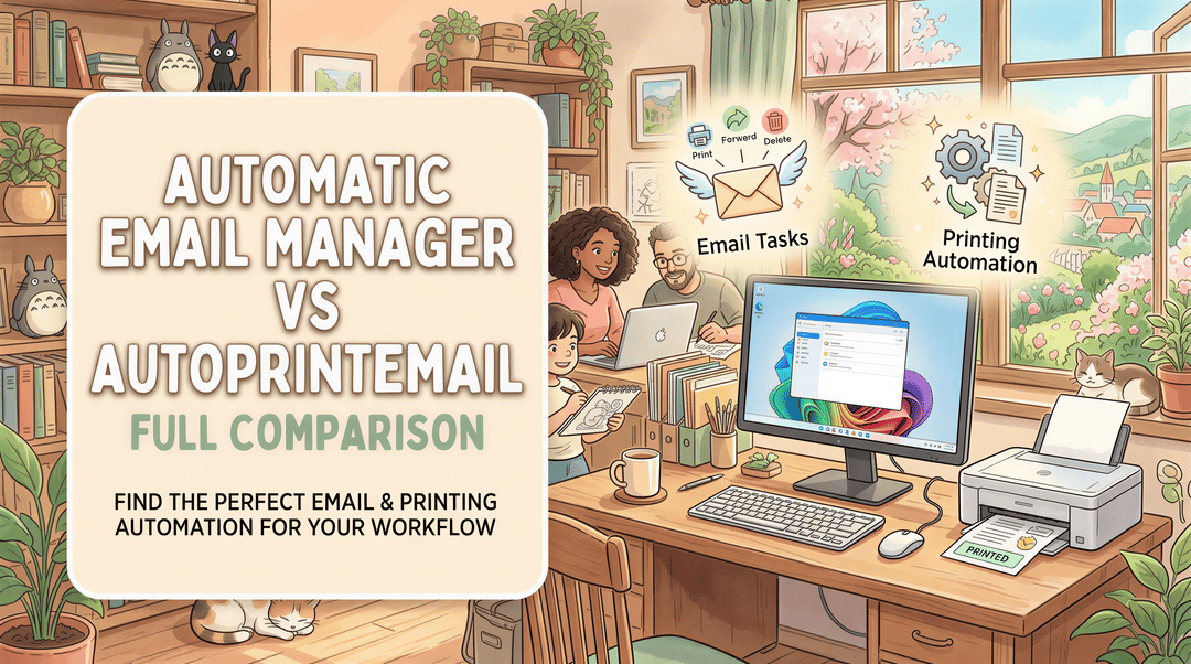 Studio Ghibli-inspired banner comparing Automatic Email Manager vs AutoPrintEmail for tech readers