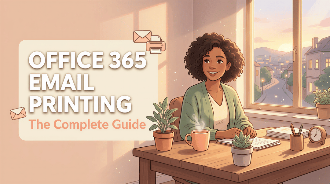 Studio Ghibli-inspired banner for Office 365 email printing complete guide with cozy office scene