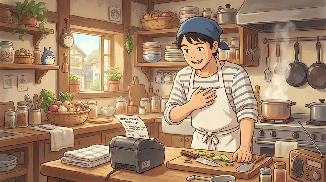 Printed kitchen ticket emerging from printer beside ChowNow order email concept