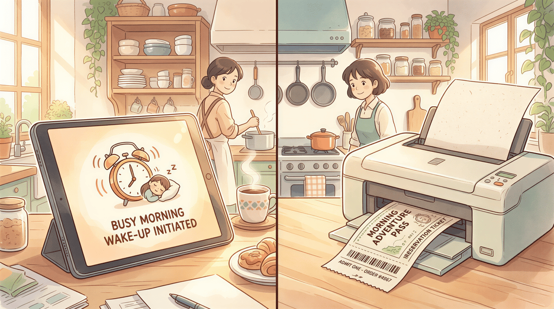 Comparison image showing ChowNow Tablet vs Email + AutoPrintEmail in a kitchen