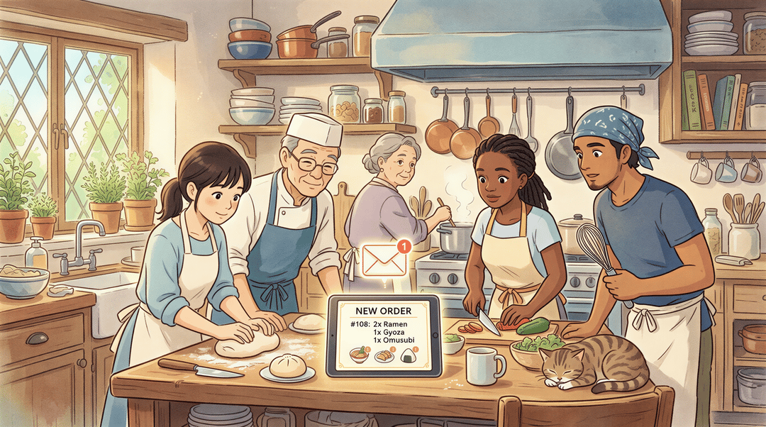 Illustration of ChowNow orders appearing on a kitchen tablet with a notification and email concept