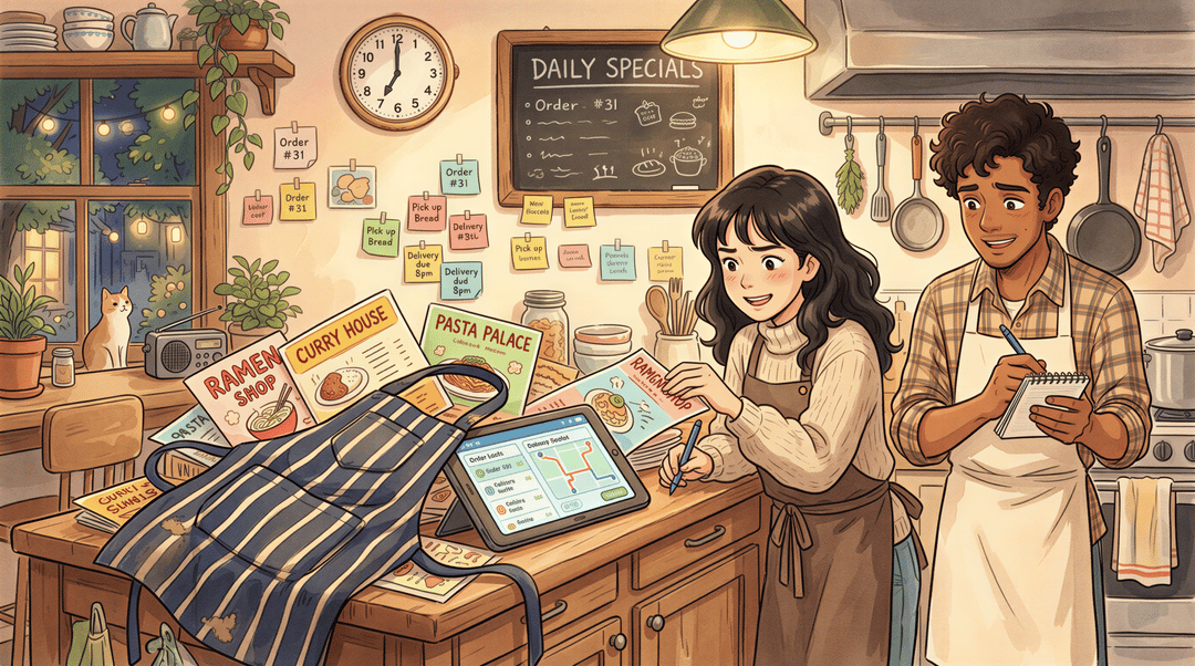 Busy kitchen with a tablet buried under menus and an apron, illustrating the tablet problem