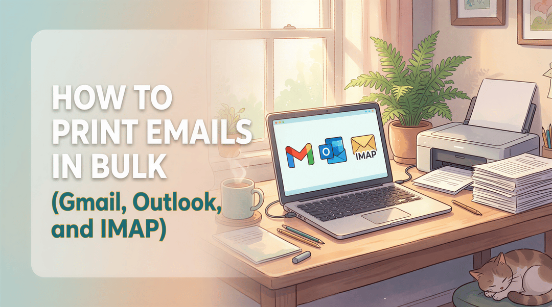 Studio Ghibli inspired banner for bulk printing emails across Gmail, Outlook, and IMAP