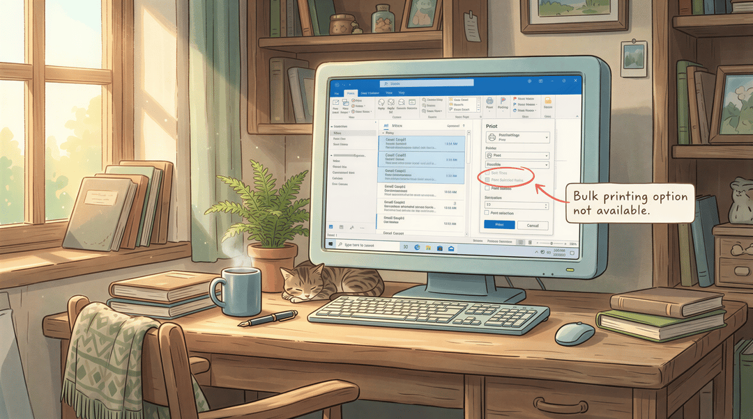 Outlook no bulk print option shown with user puzzled