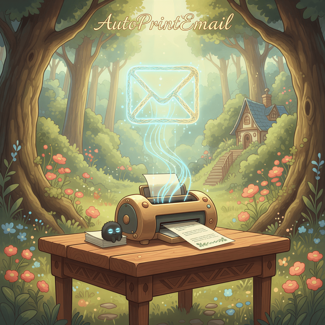 Magical Ghibli scene where an email notification instantly triggers a packing slip to emerge from a printer without human intervention.