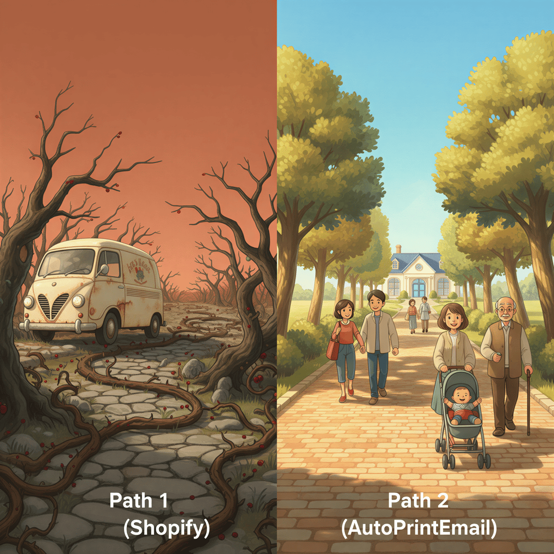 A Ghibli style visual representation of a simplified comparison chart showing two paths: one tangled (Shopify Native) and one straight and clear (AutoPrintEmail).