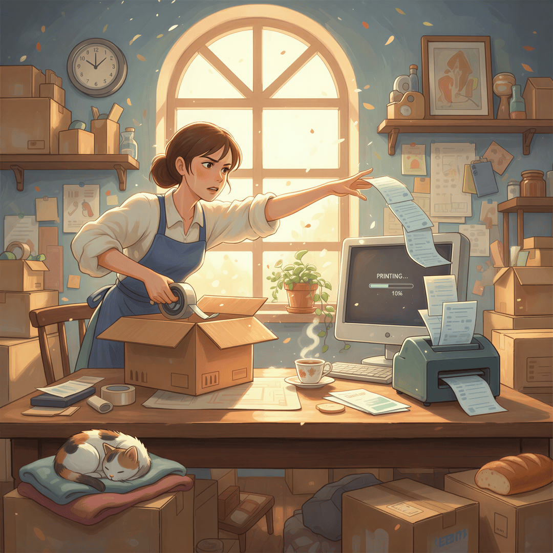 Ghibli illustration depicting multiple tasks piling up around a stressed merchant struggling to keep up with packing and manual printing.