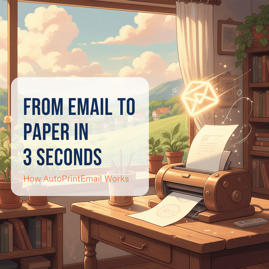 Studio Ghibli style banner showing a magical moment of an email turning into a physical paper sheet emerging from a printer instantly.