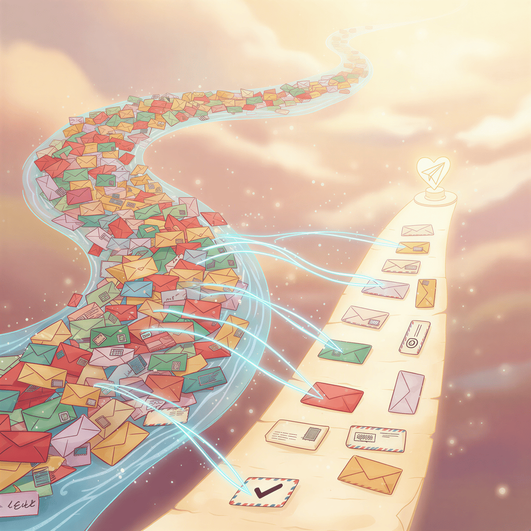 Ghibli illustration showing an incoming stream of diverse emails being sorted by glowing rule lines into a 'Print' path and a 'Discard' path.