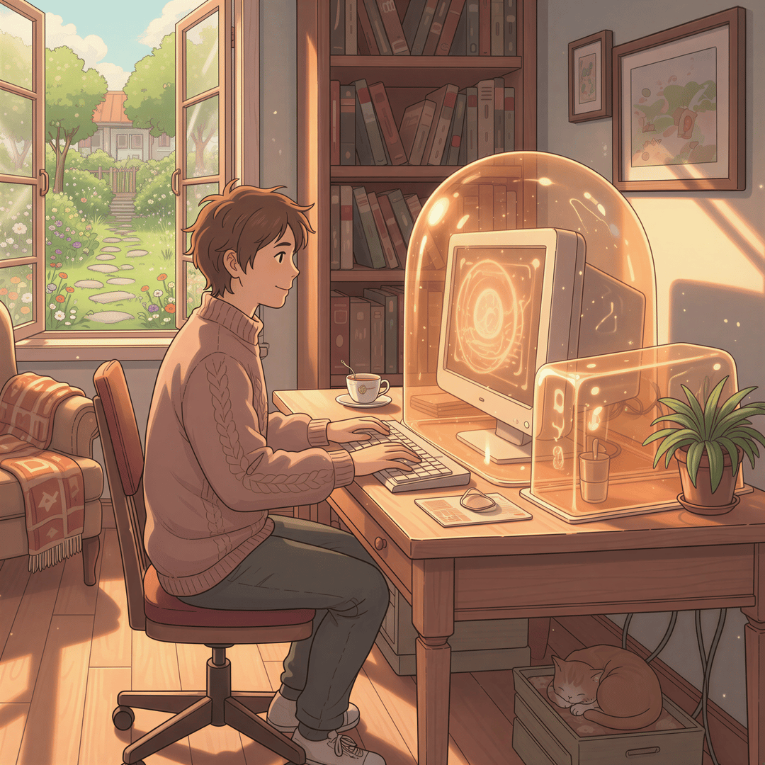 A person peacefully working at a desk while their desktop computer is shielded by a glowing, transparent, protective dome, symbolizing local processing.