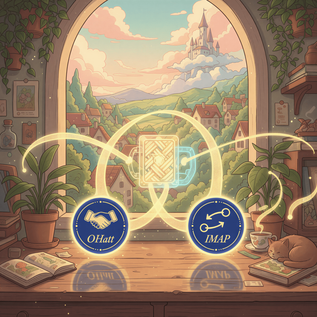 Two stylized, glowing connection tokens representing OAuth and IMAP protocols being securely inserted into a small, stylized lock box on a desk.