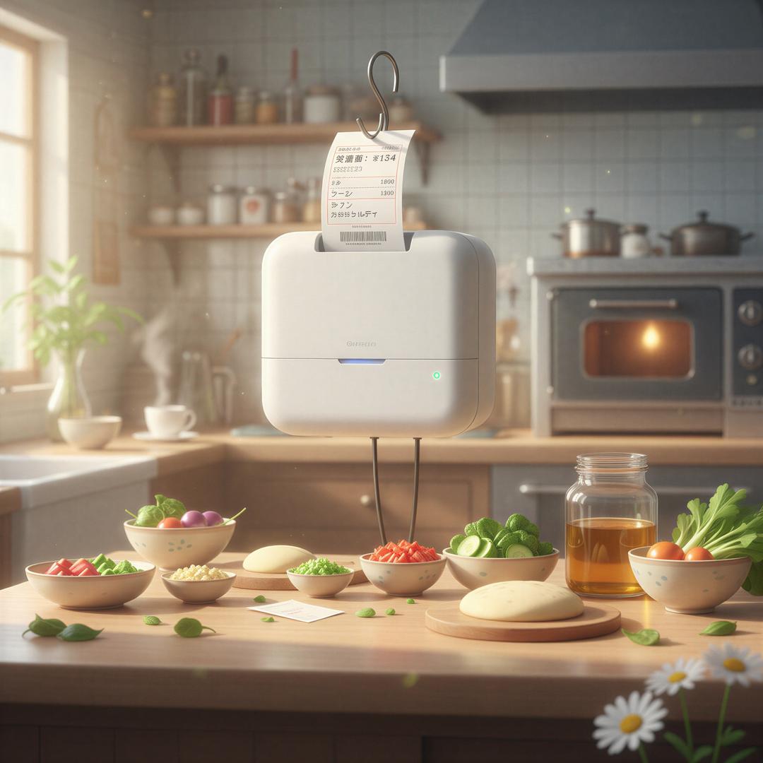Studio Ghibli aesthetic. Showcase seamless automation and efficiency. A close-up view of a clean, simple thermal printer mounted on a wall. An order ticket is perfectly printed and hanging neatly on a metal clip or hook above a pristine wooden countertop where ingredients are neatly arranged. Soft, focused lighting emphasizes the crispness of the paper. Dominant colors are light wood tones and clean white paper. The mood is calm, organized, and immediate.