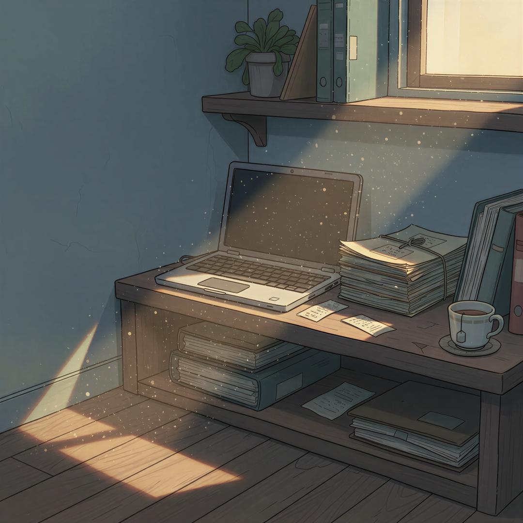 Studio Ghibli aesthetic. A quiet moment illustrating cost versus function. A small, slightly dusty laptop sits on a wooden shelf in a dimly lit back office corner. Soft, muted pastel colors dominate (dusty blue, sepia tones). A single beam of afternoon sunlight catches the dust motes floating around the computer, symbolizing overlooked efficiency. The mood is melancholic but relatable for a small business owner weighing costs. No people, focus on the overlooked technology.