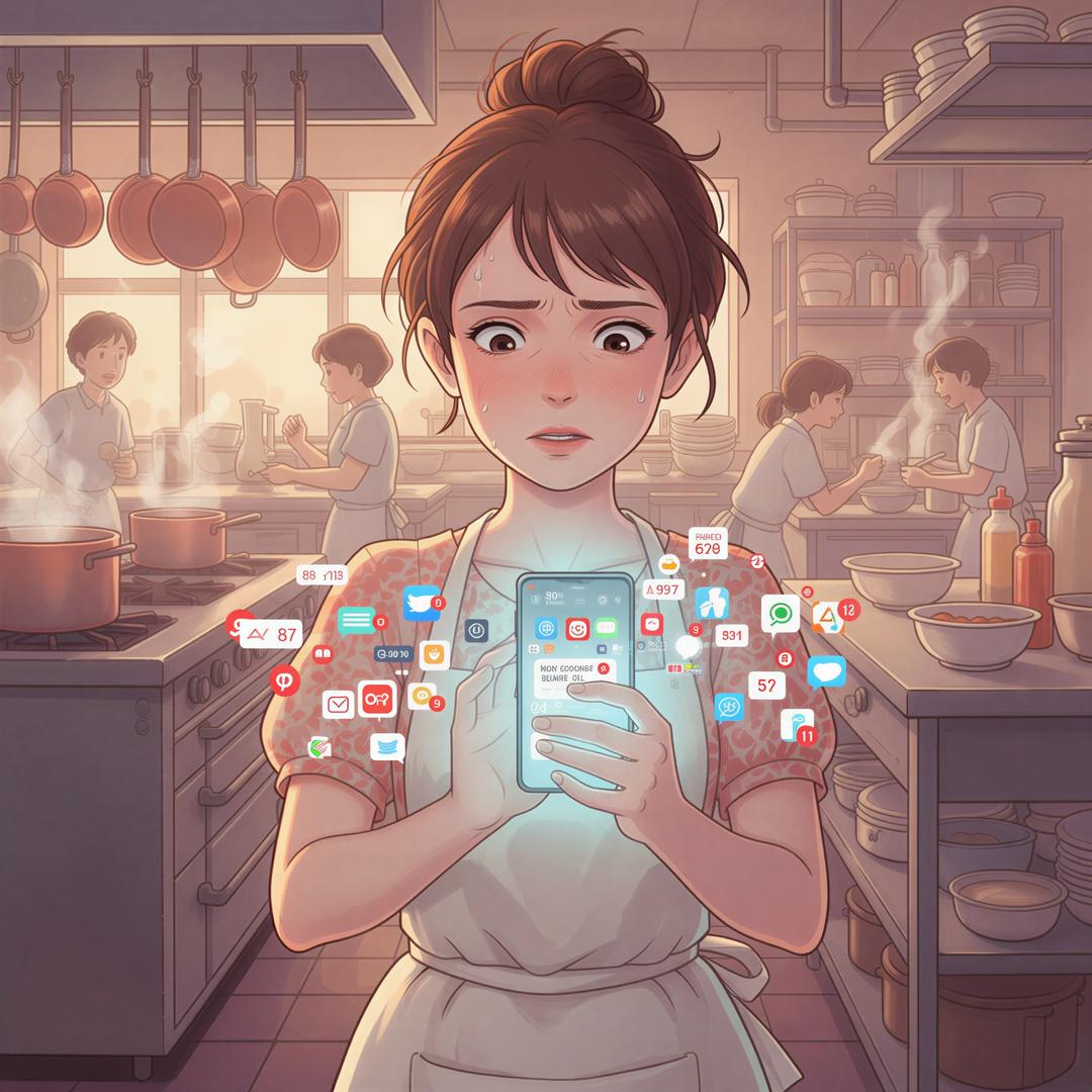 Ghibli scene showing a stressed restaurant worker looking at a glowing phone screen showing an overflowing email inbox amidst kitchen noise.