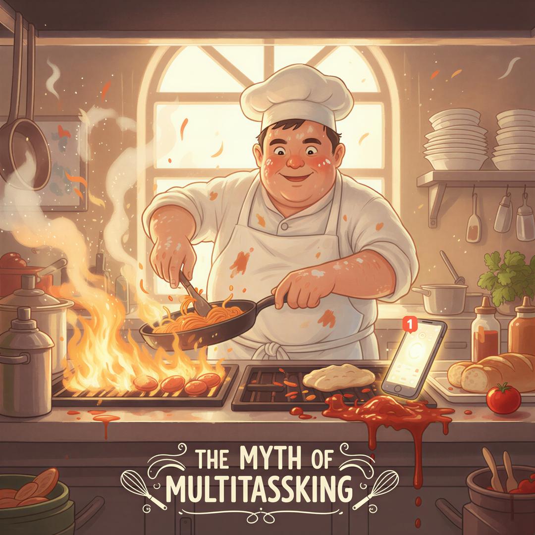 Studio Ghibli aesthetic. Focus on distraction during high-pressure work. A cheerful but slightly harried chef is actively working on a grill or line, hands covered in flour/ingredients. A bright smartphone sits perilously close to the heat/mess, demanding attention. Use vibrant, warm colors reflecting the heat of the kitchen (orange, yellow). The composition should frame the chef caught between the task and the necessary check of the phone, emphasizing the myth of multitasking.