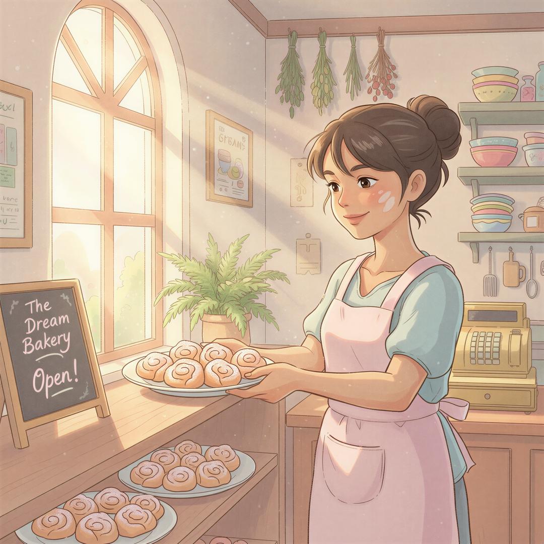 Studio Ghibli aesthetic. Representing the target audience: small, scrappy, and determined. A young, enthusiastic small business owner (diverse representation) is carefully arranging beautifully crafted pastries or tacos on a display shelf in their cozy, sunlit shop. Pastel colors, particularly soft pinks and light browns dominate. The background hints at a small-scale operation—perhaps a handwritten sign or a single, proud cash register. The mood is hopeful and driven.