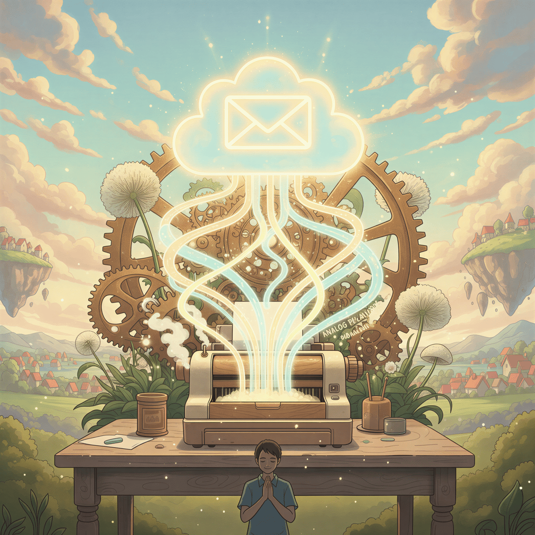 Magical Ghibli scene where documents flow automatically from a glowing email icon into a waiting physical printer, symbolizing AutoPrintEmail functionality.