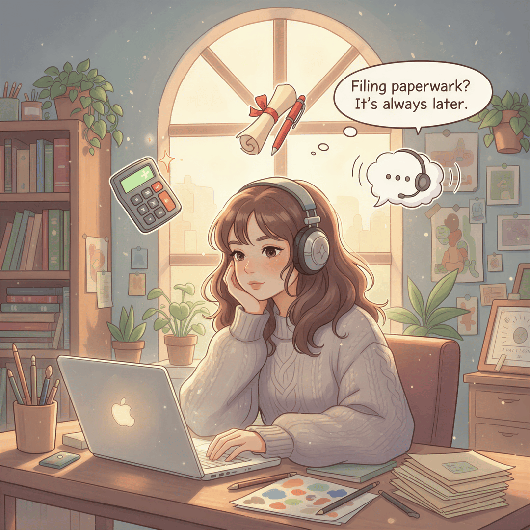 Studio Ghibli aesthetic. A talented female freelancer sitting at her desk, wearing headphones, juggling several distinct tasks like coding, invoicing, and client calls simultaneously, looking stressed.
