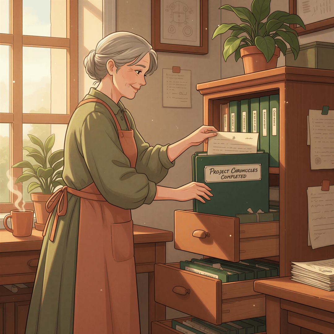 A peaceful Ghibli image of a freelancer calmly filing a newly printed, signed contract into a perfectly organized, labeled physical binder or folder.