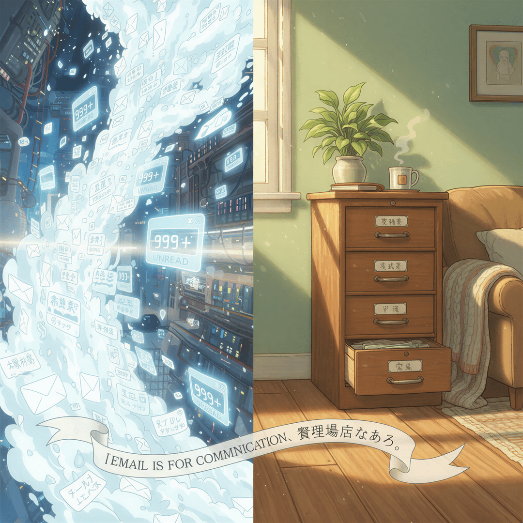 Studio Ghibli illustration contrasting a chaotic email inbox with a simple, organized physical filing cabinet representing business documents.