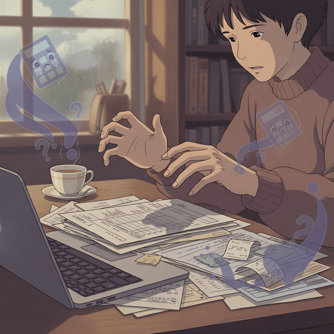 A freelancer looks worried while tallying up hidden costs represented by shadowy figures looming over their desk, symbolizing lost deductions and panic.
