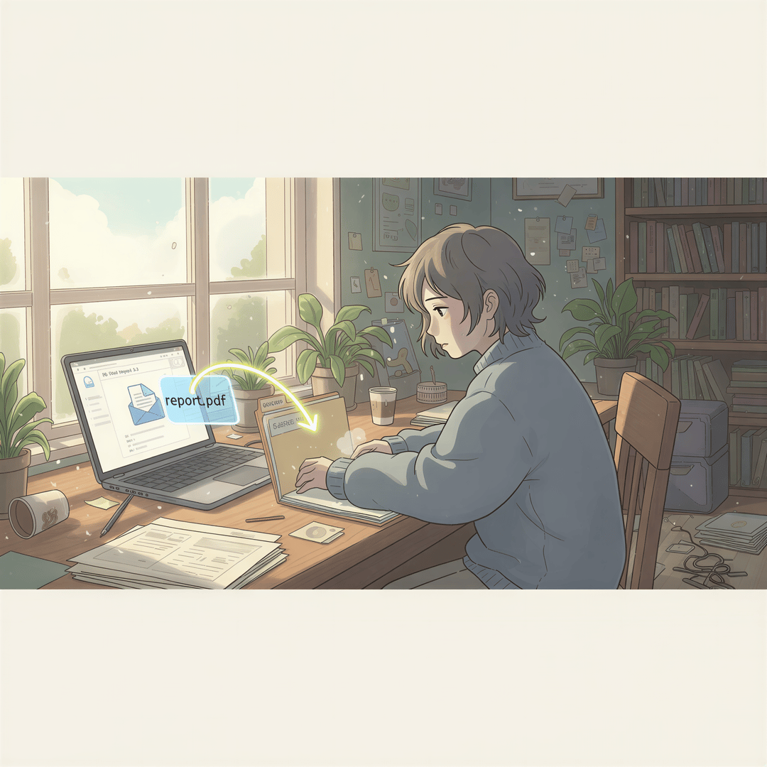 Ghibli style depiction of a person manually downloading an email attachment and placing it into a folder, showing tedious extra work.