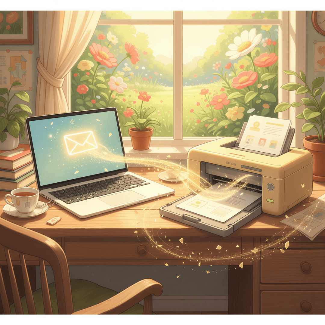 Studio Ghibli scene showing an email opening directly onto a magical printer, bypassing manual steps, emphasizing direct automation.