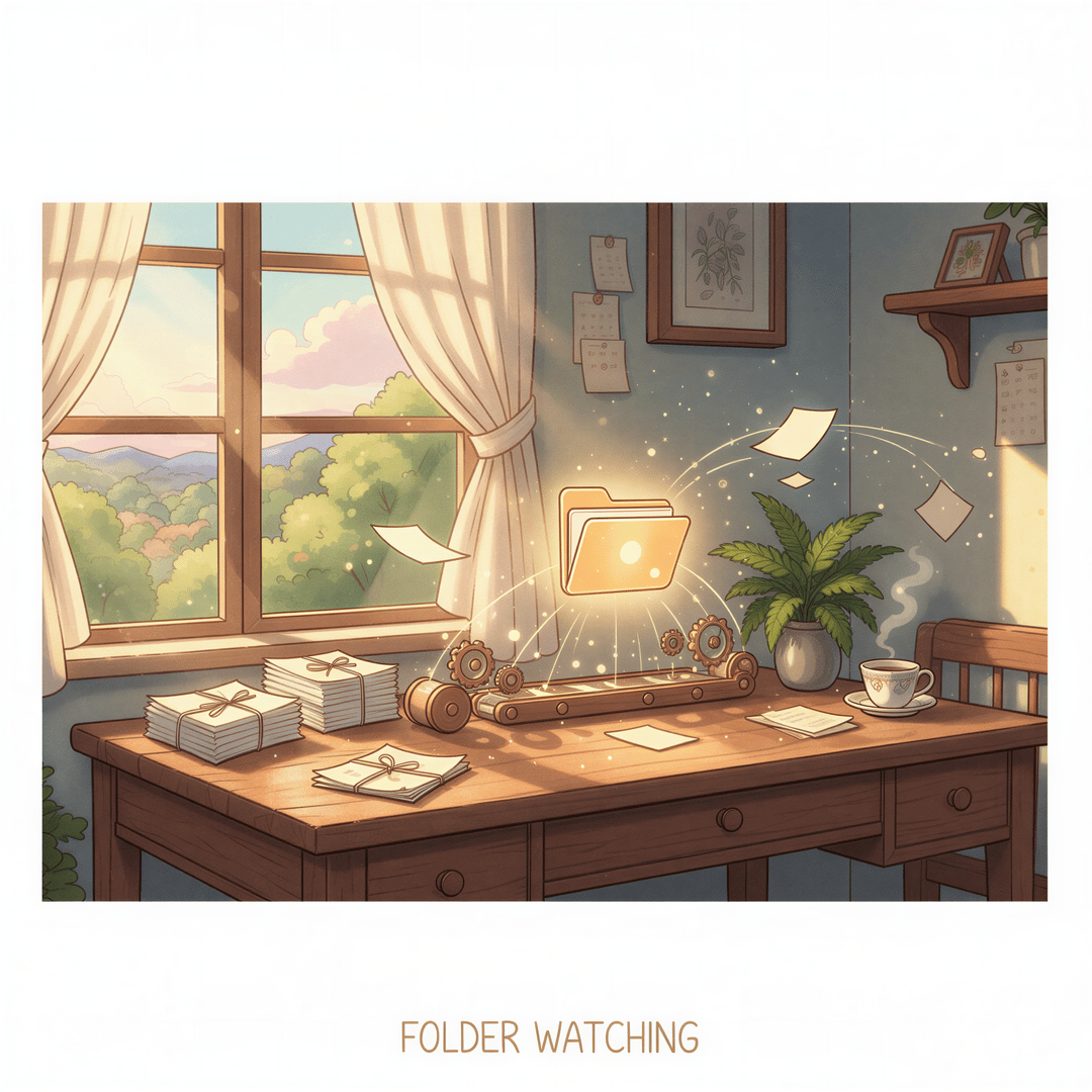 Studio Ghibli illustration of a small, magical paper crane carrying a document into a glowing, simple wooden folder icon on a desk.