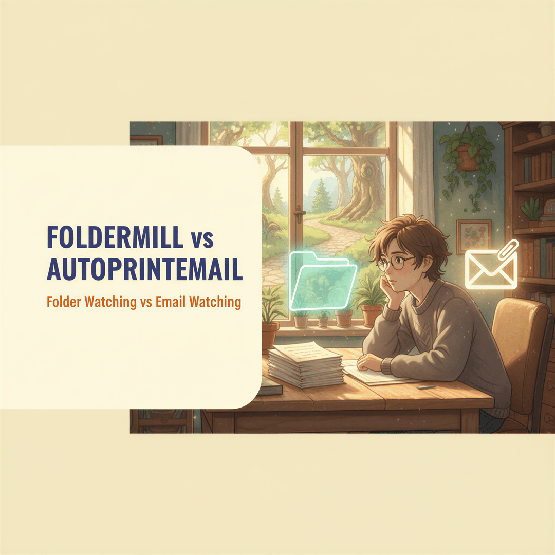 Studio Ghibli style banner showing a person looking confused between a physical folder tray and an incoming email notification, with the title overlay.