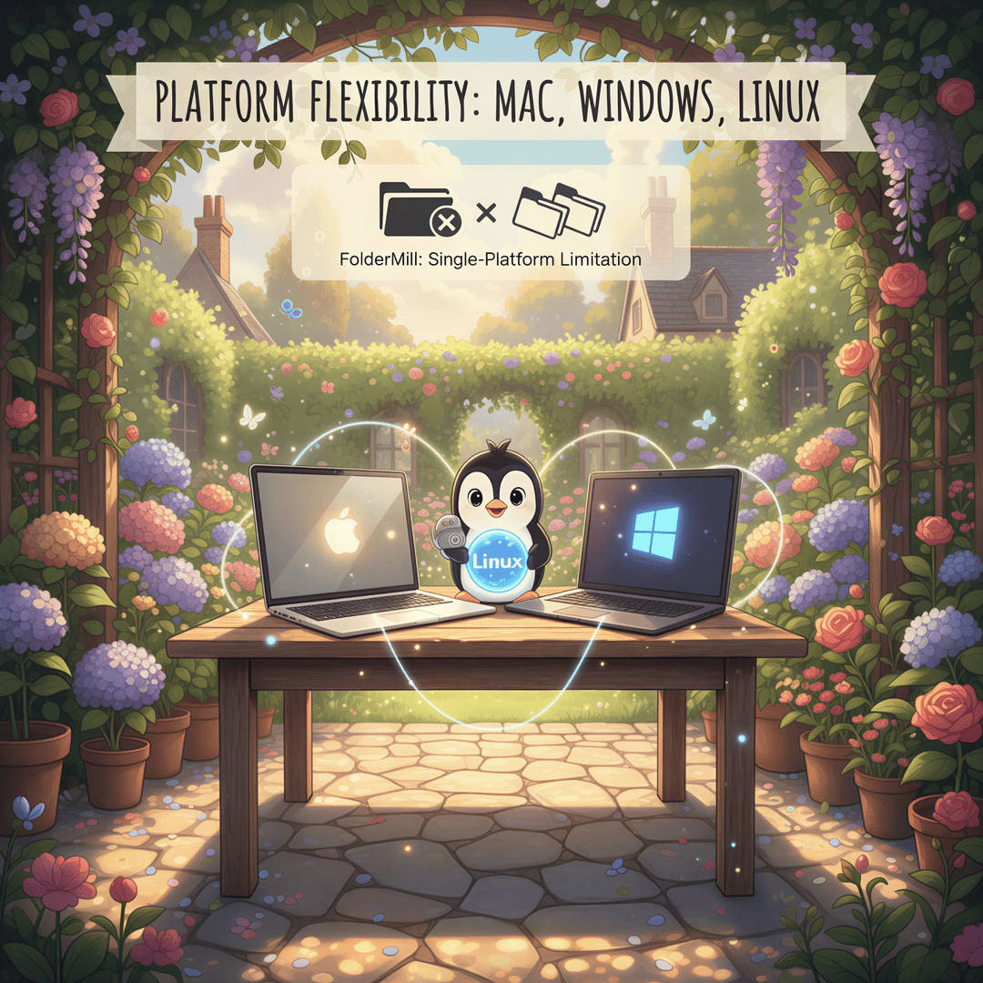 Studio Ghibli image showing three friendly, distinct computer devices (MacBook, Windows laptop, Linux penguin icon) working together under a warm sun.