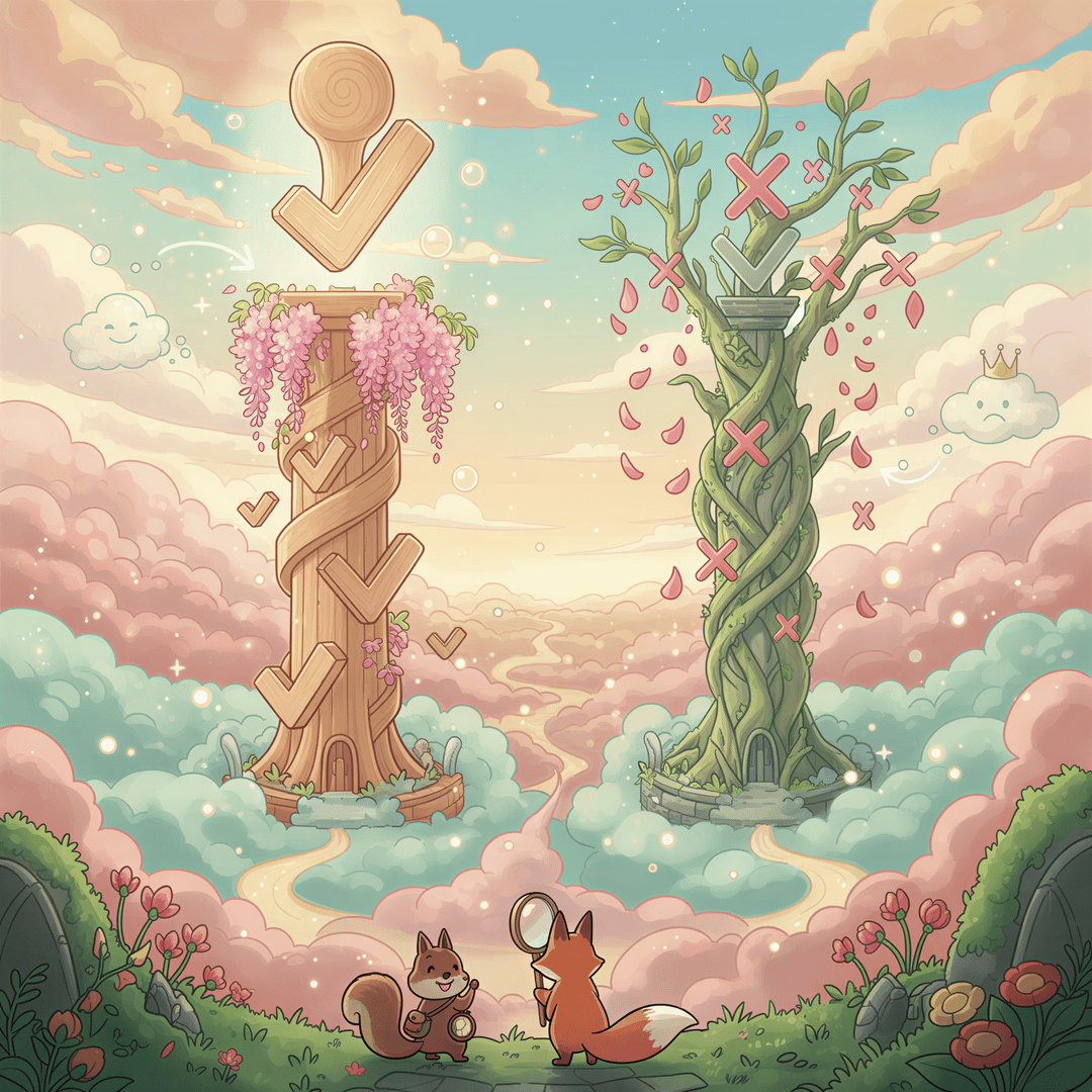 Ghibli-style visualization of a simplified comparison chart with checkmarks and X marks using soft icons and pastel backgrounds.