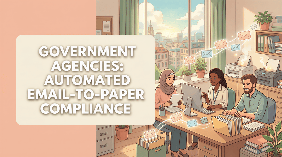 Studio Ghibli-inspired banner for automated email-to-paper compliance in government
