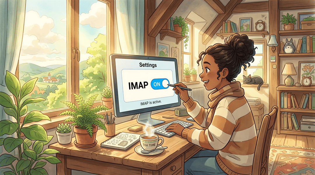 Enabling IMAP in Zoho Mail settings depicted in a friendly Studio Ghibli style