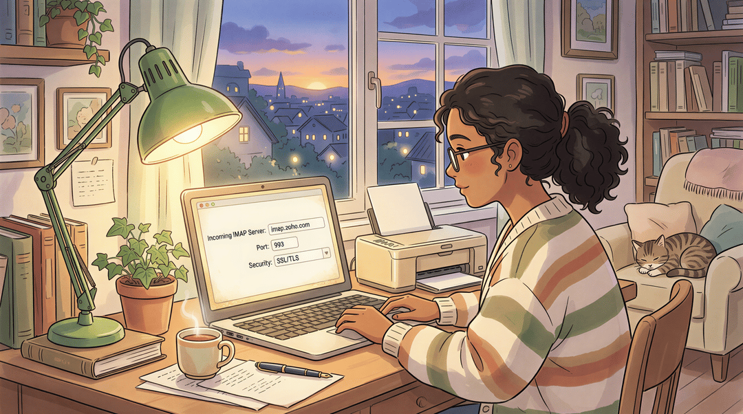 Setting up AutoPrintEmail with Zoho IMAP settings shown on screen