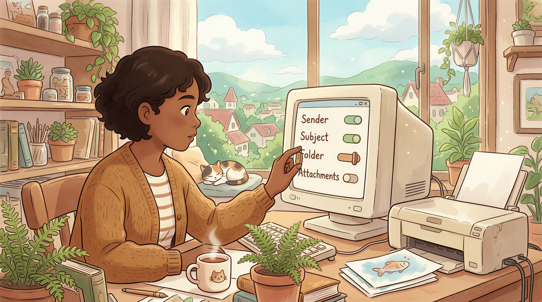 Configuring print filters UI with sender, subject, folder, and attachments