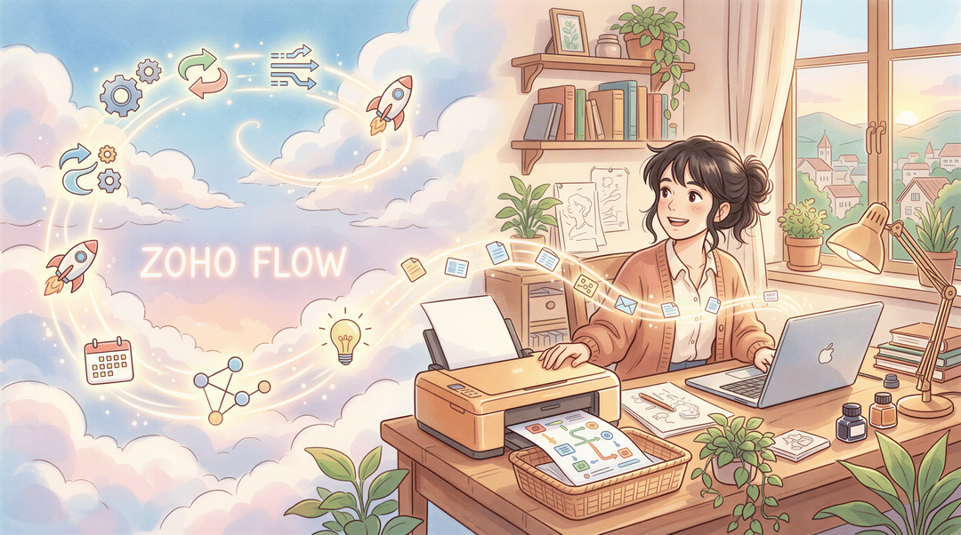 Illustration comparing cloud automation vs local printing for Zoho: a cloud icon vs a printer