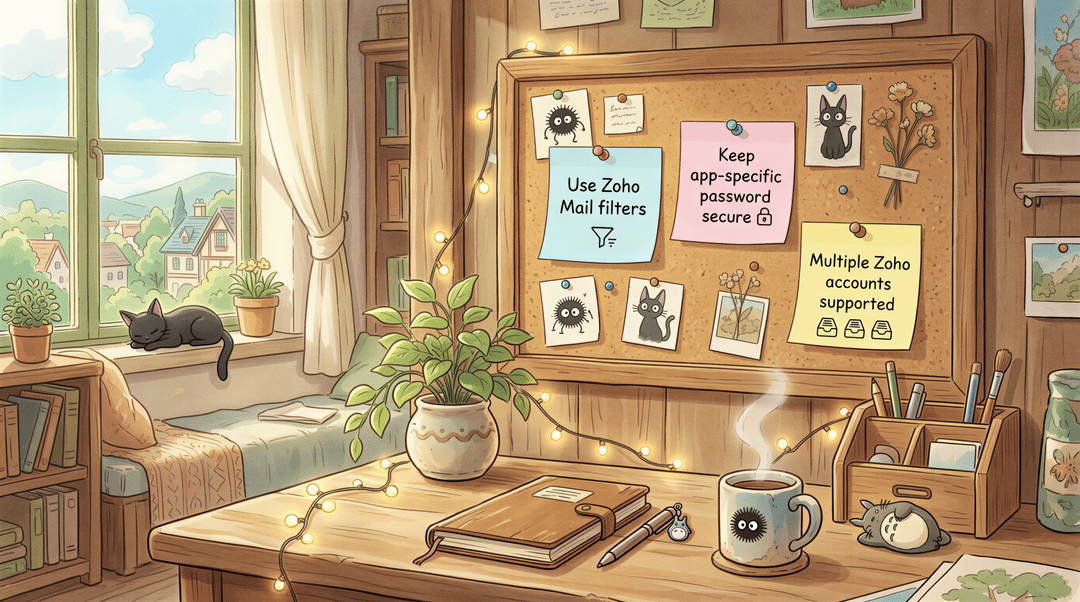 Zoho-specific tips presented on a corkboard in a warm studio setting