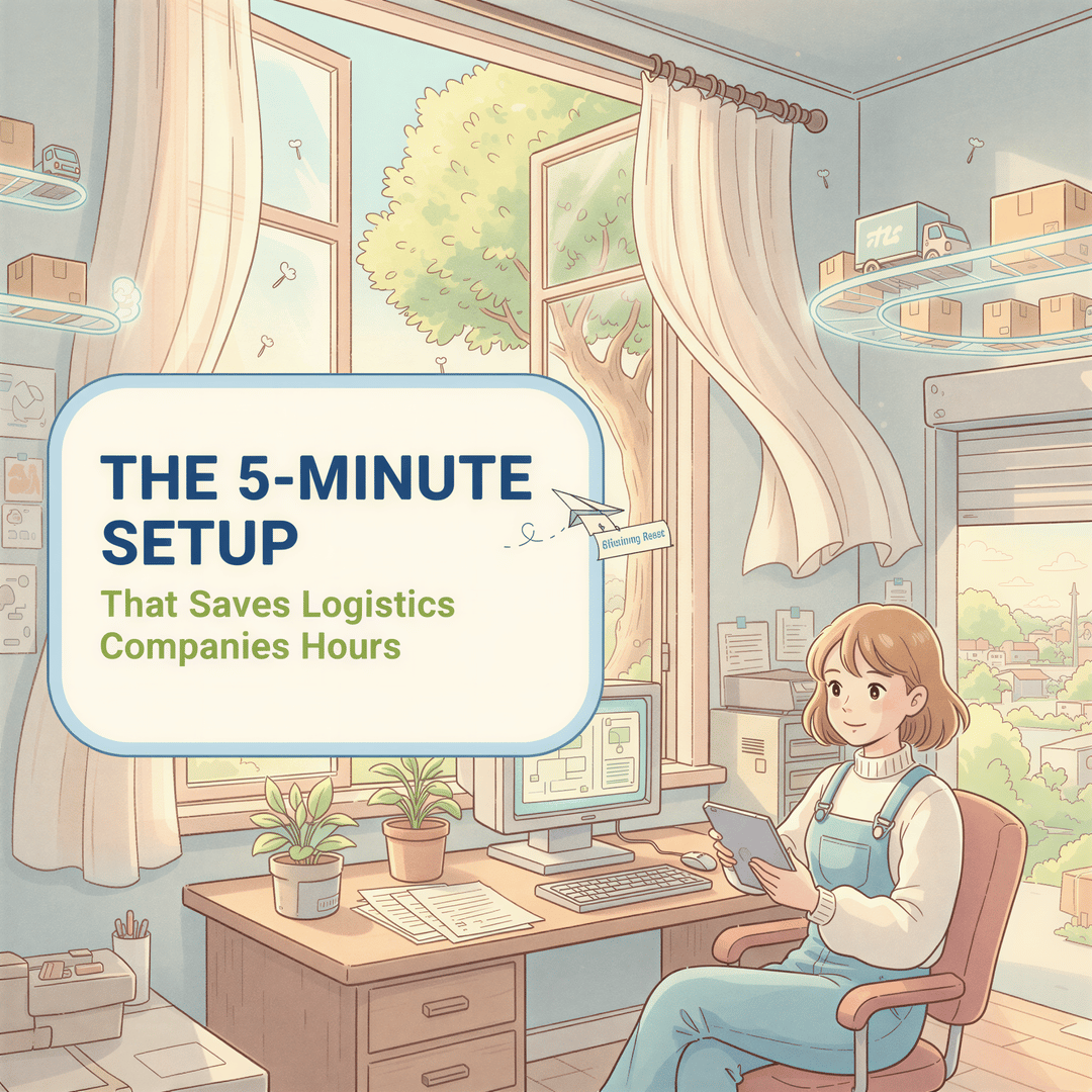 Studio Ghibli style banner showing a brightly lit, organized warehouse office with the text overlay 'The 5-Minute Setup That Saves Logistics Companies Hours'.
