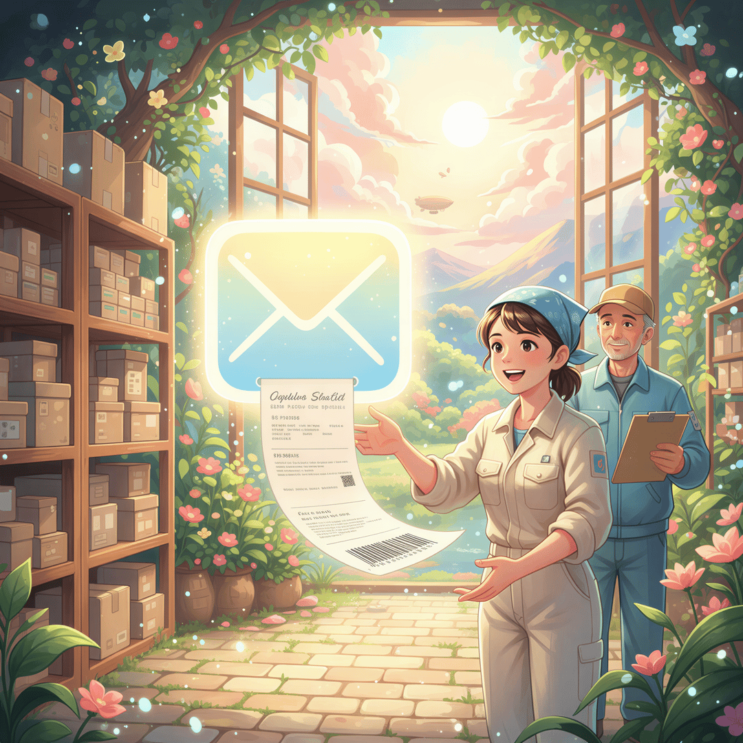 Ghibli illustration showing a magical, instantaneous paper printout emerging directly from a stylized email icon into a waiting driver's hand.