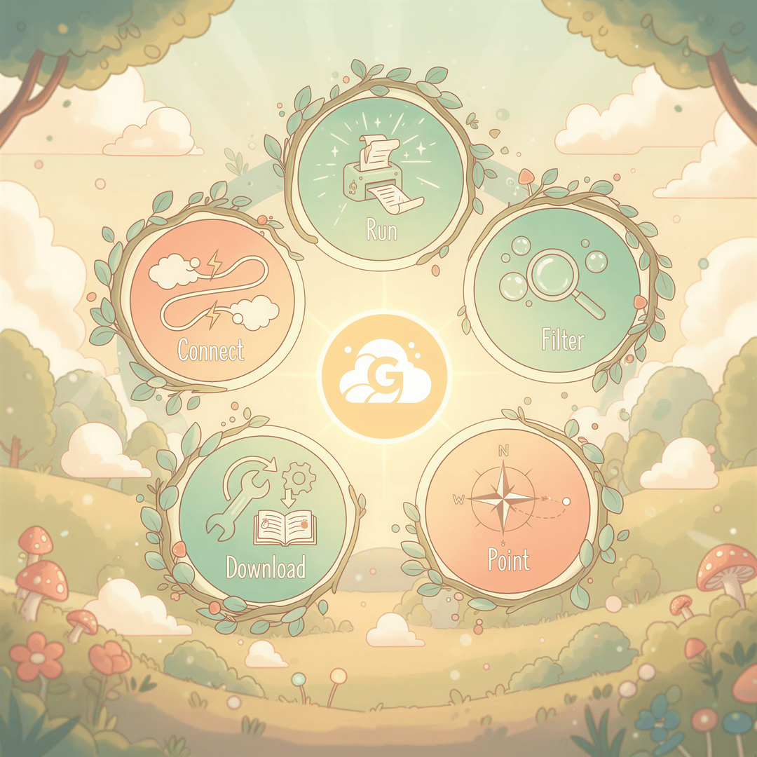 Ghibli inspired infographic showing five simple steps for software setup: download, connect email, filter, point printer, run.