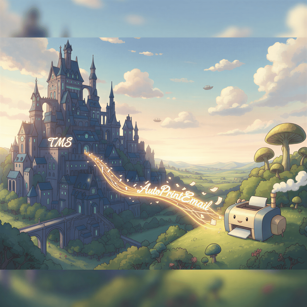 Ghibli image showing a small, glowing bridge connecting a large, imposing TMS system icon to a simple, functional printer icon.