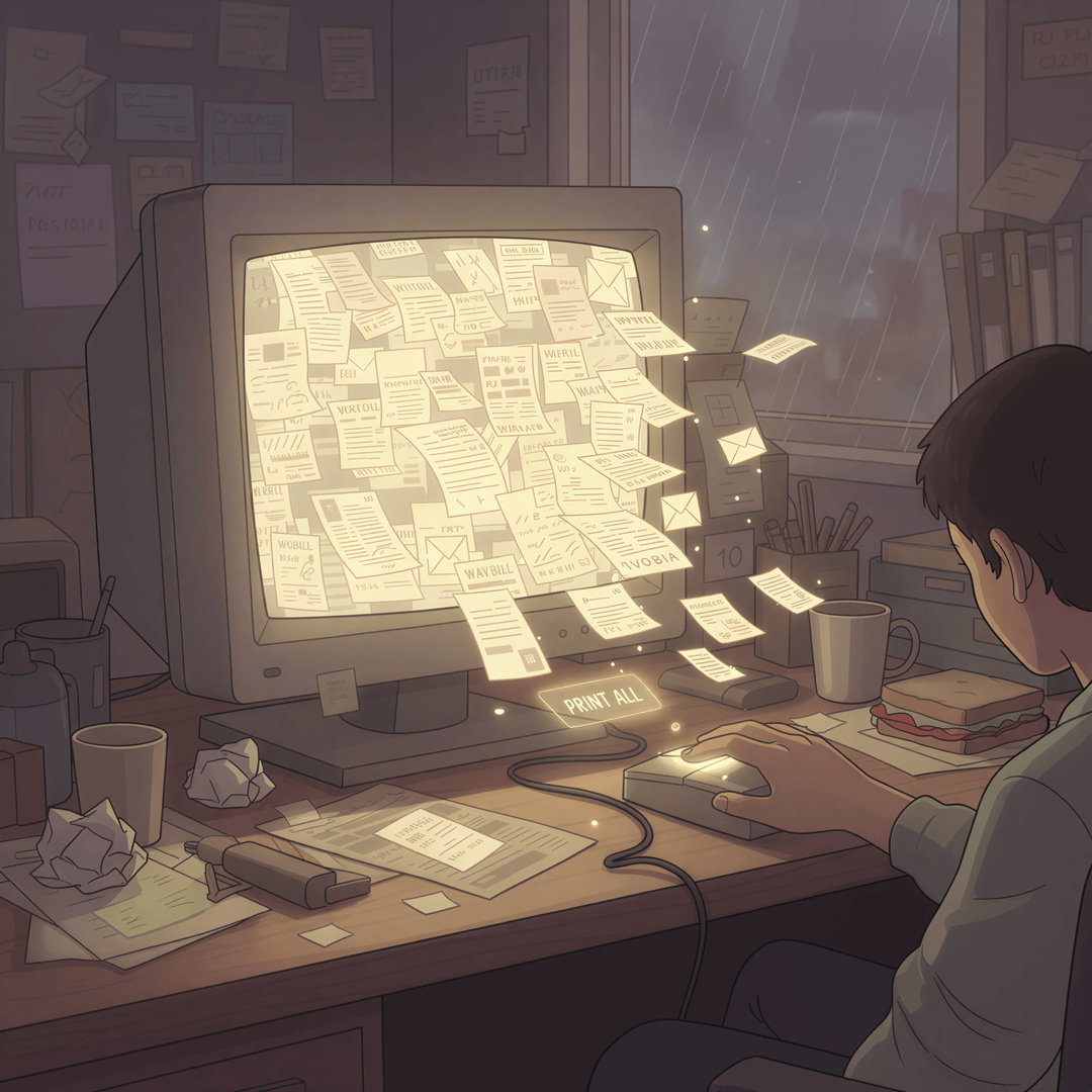 Ghibli illustration of an overflowing, old-fashioned email inbox next to a frustrated logistics manager in a muted office.