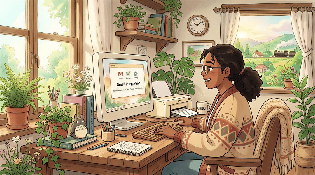 Desktop app connecting Gmail to printer in a warm, Ghibli-inspired workspace